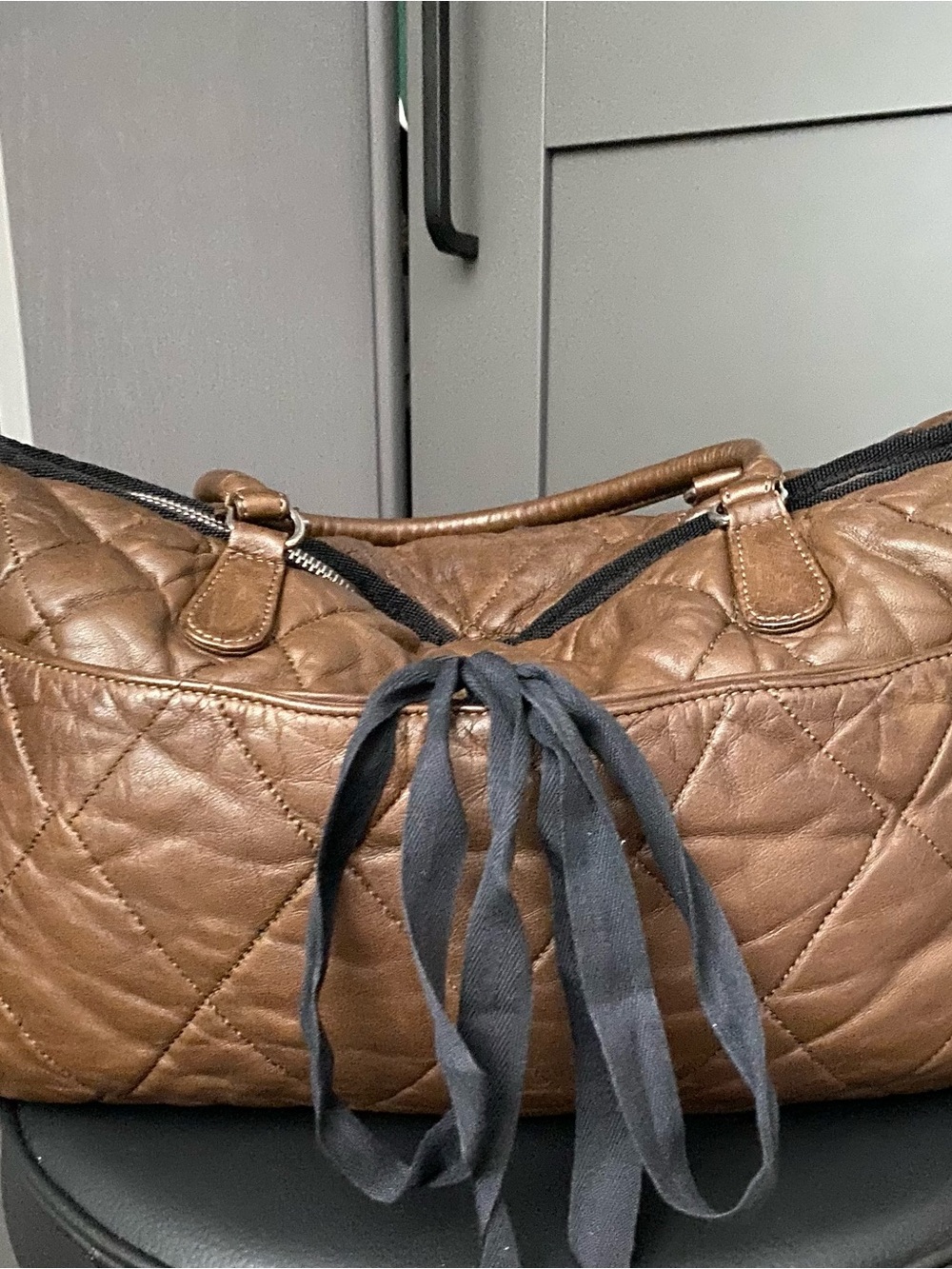Marni Quilted Brown Leather Shoulder Bag with Drawstring Detail